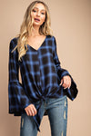 Blue flannel tie front long sleeve top