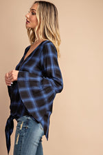 V-neck blue flannel fashion top