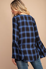 Bell sleeve blue flannel tie front top