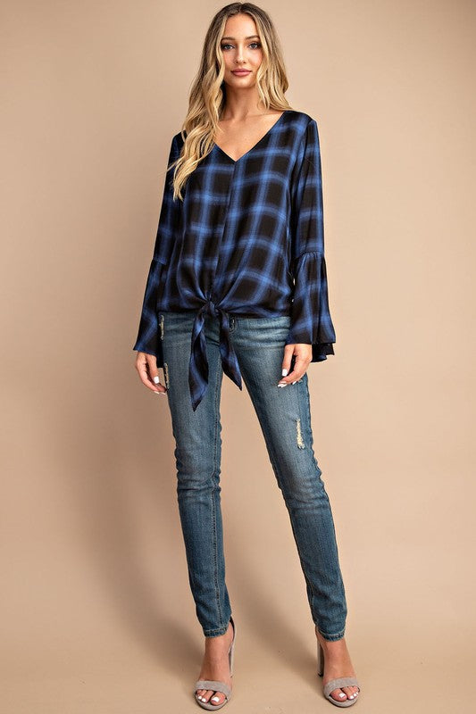 Tie front bell sleeve blue and black top