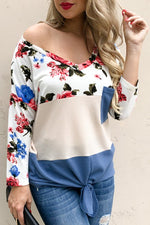 Tie front floral print ling sleeve top