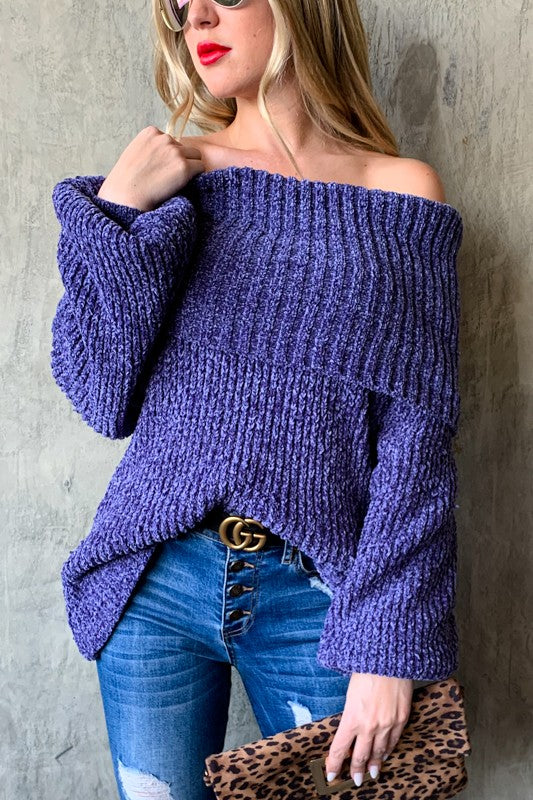 Purple knit sweater off the shoulder design
