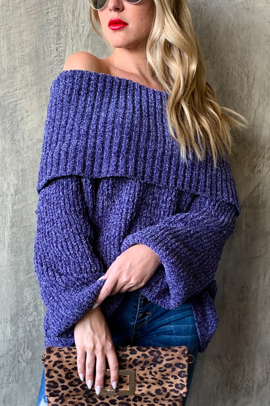 Purple sweater with off shoulder design 