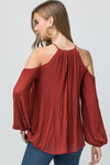 Cold shoulder pleated top