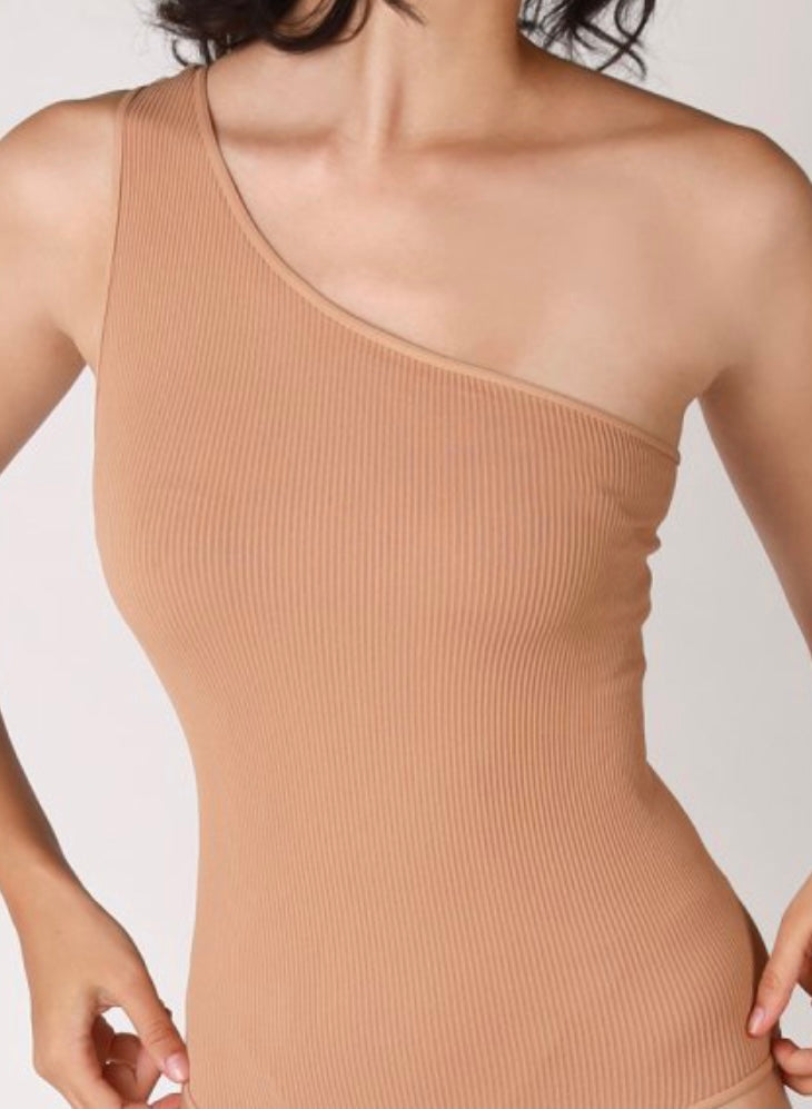 nude one shoulder bodysuit