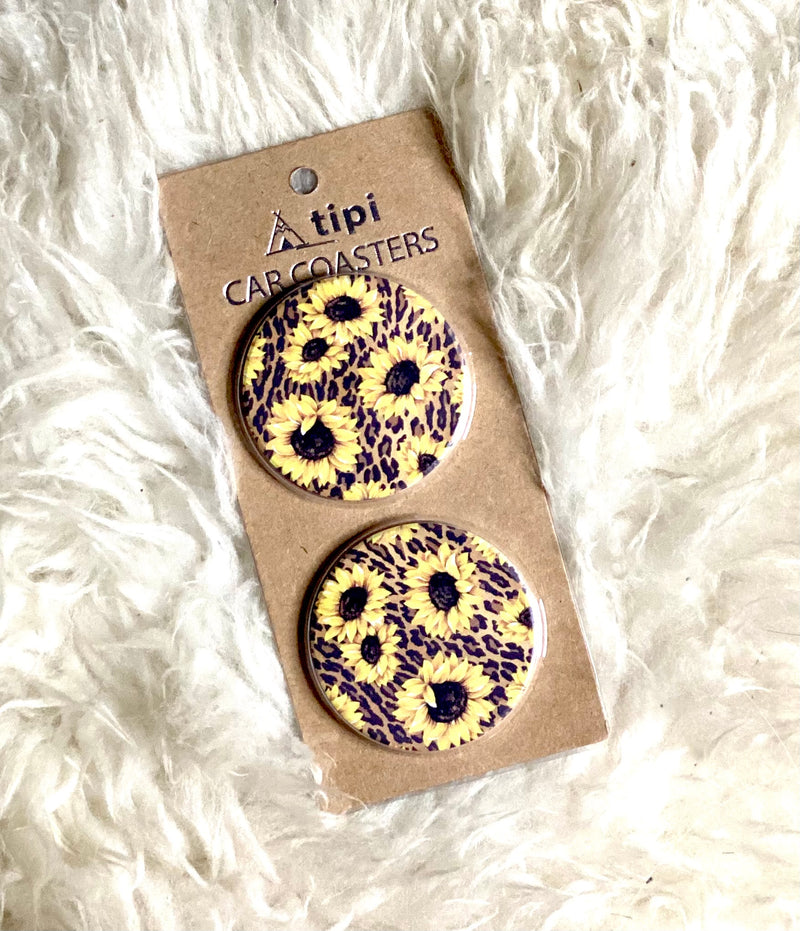 Sunflowers and Leopard Print Car Coasters