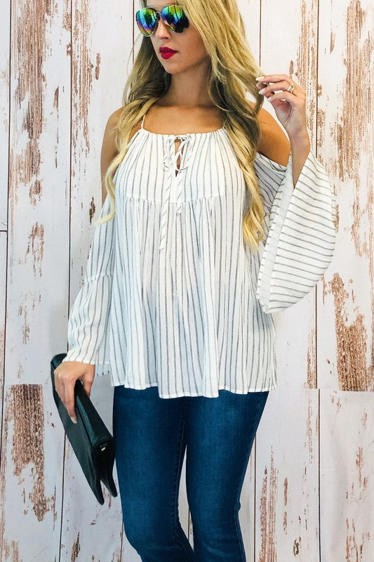 Striped whitecand gray cold shoulder top