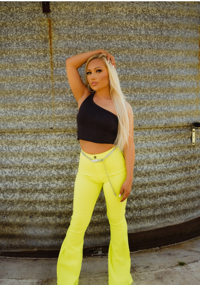 Neon yellow flare jeans 