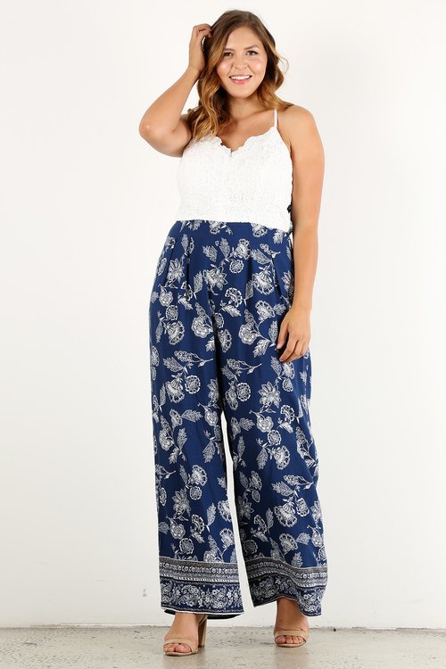 Curvy fit jumpsuit white top with blue floral bottom