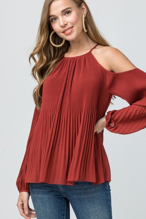 Rust cold shoulder pleated top