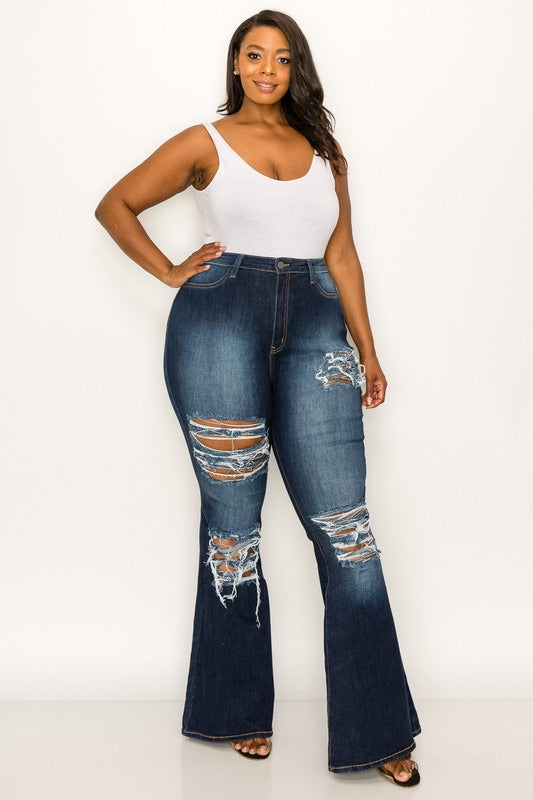 Curvy distressed flare jeans