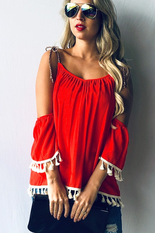 Bright red  cold shoulder top 